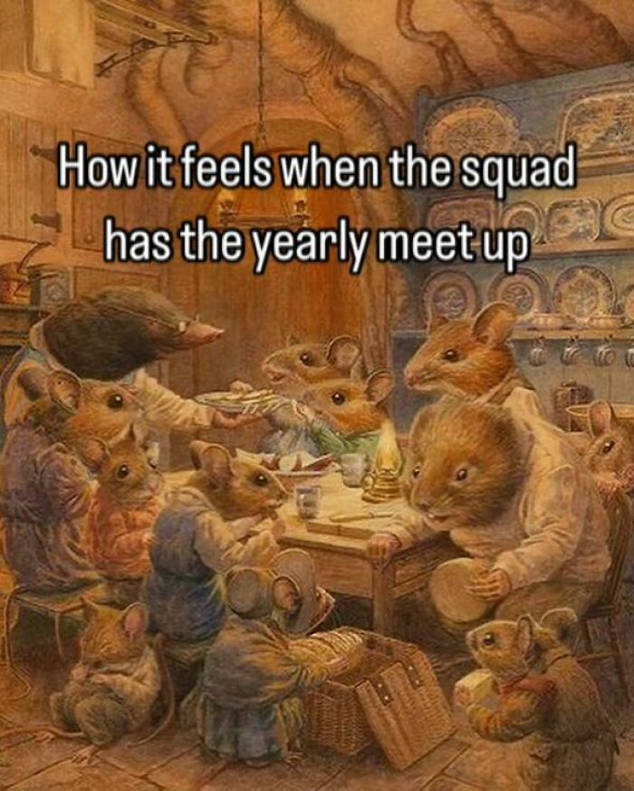 Vintage-style illustration of mice having a yearly meet-up, representing relatable memes shared on beautiful vintage pictures.