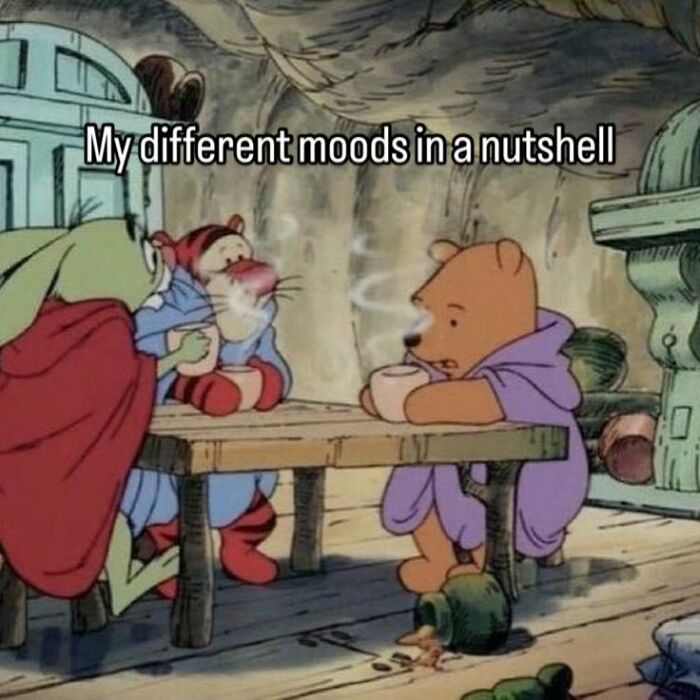 Cartoon characters in vintage style meme showing different moods, perfect example of relatable memes on vintage pictures.