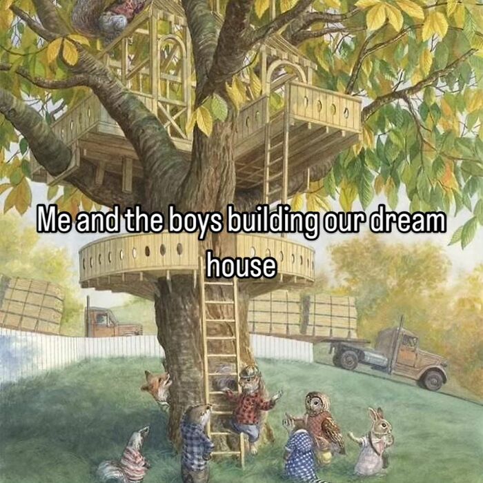 Vintage-style illustration of animals building a detailed treehouse, a relatable meme shared on vintage pictures.