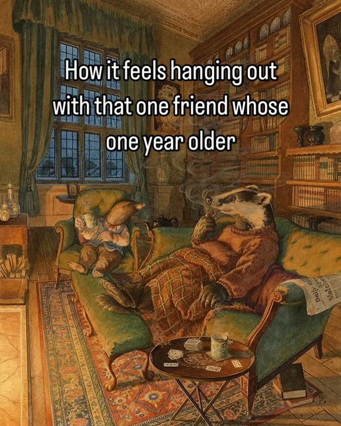 Vintage-style illustration of animals relaxing in a cozy library, paired with a relatable meme about friends.