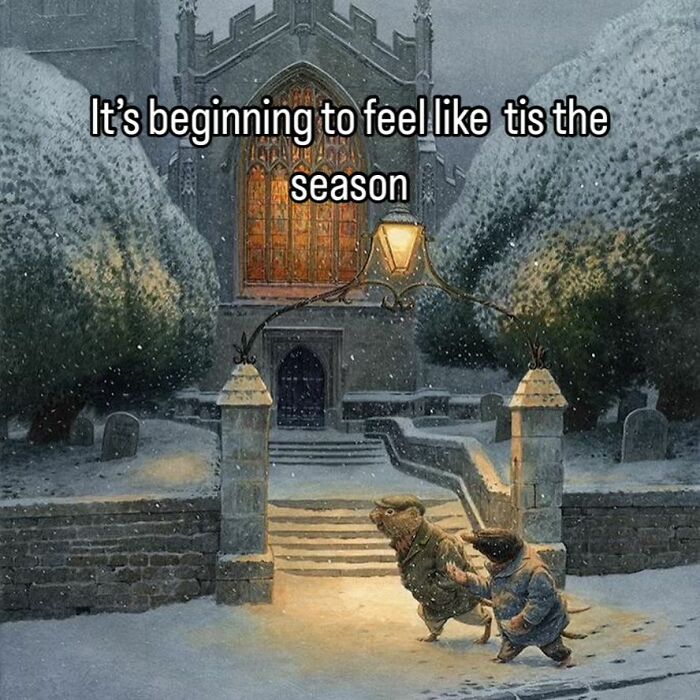 Vintage winter scene with snow-covered church and two dogs dressed in clothes, relatable meme on vintage pictures.