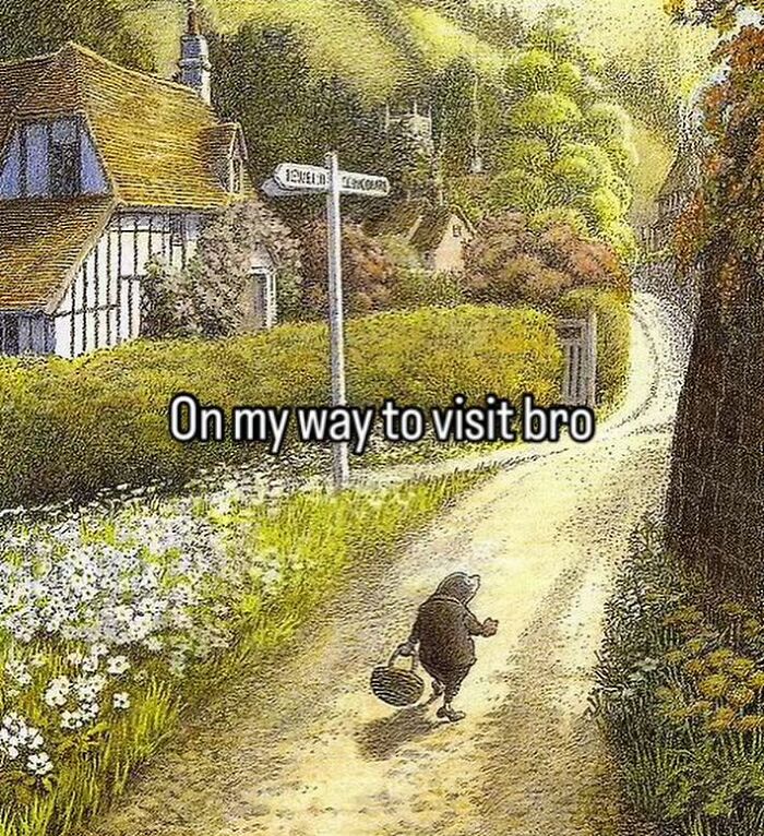 Vintage countryside scene with a small creature walking a dirt path, relatable meme text overlaid on the image.