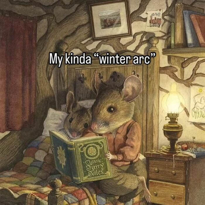 Two mice reading a classic fairy tales book by a lamp, a relatable meme shared on beautiful vintage pictures.
