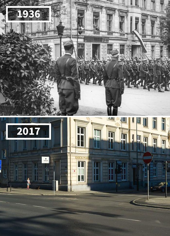 1936 black and white photo of soldiers marching contrasted with 2017 city street scene showing changes over time.