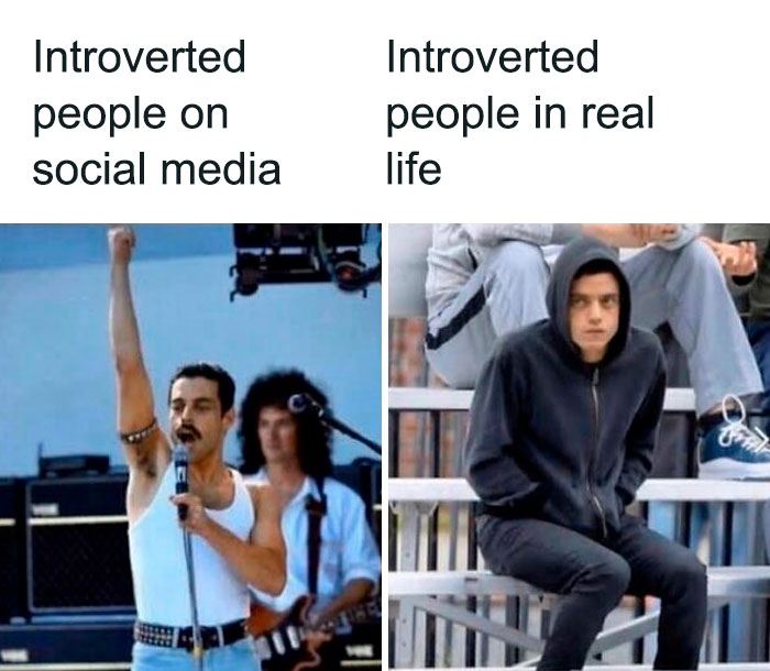 Meme contrasting introverted people on social media as confident performers and in real life as reserved and withdrawn individuals.
