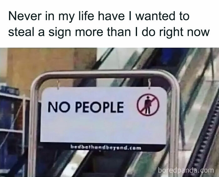 Funny meme with a humorous "No People" sign in front of an escalator.