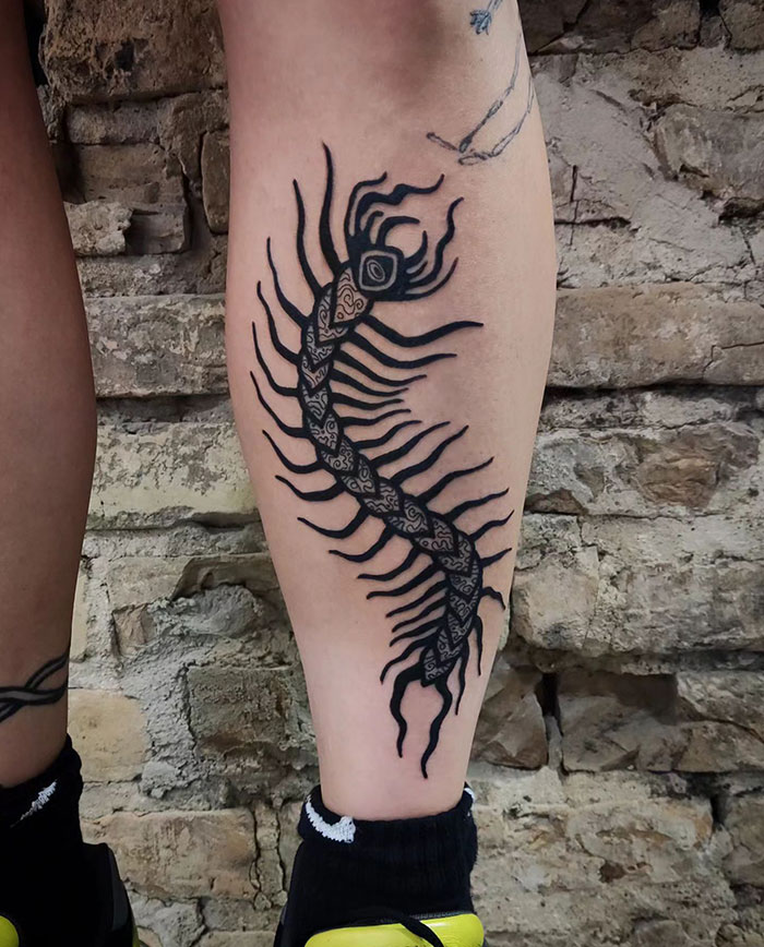 Leg tattoo ideas for men showcasing a bold centipede design with detailed black ink patterns along its body and intricate lines for the legs, creating a dynamic and edgy look.