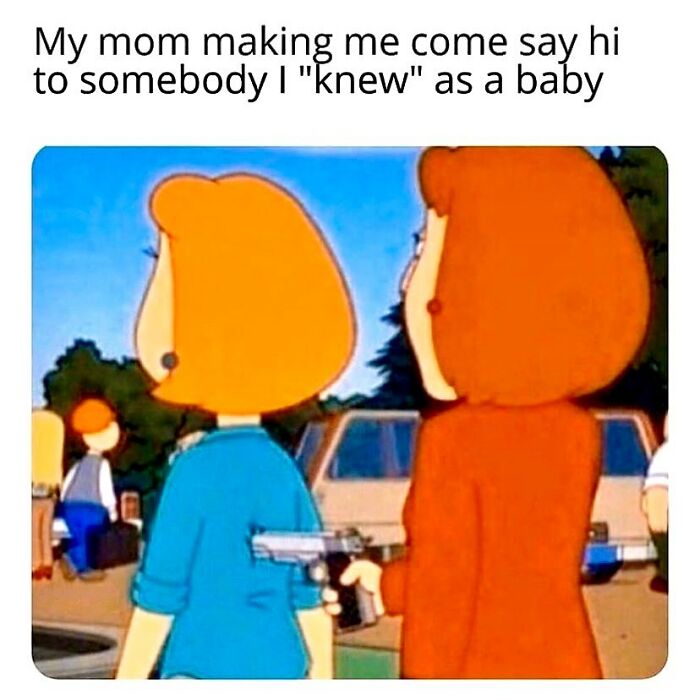 Cartoon woman reluctantly forced to greet someone, highlighting funny and relatable memes about life as an introvert.