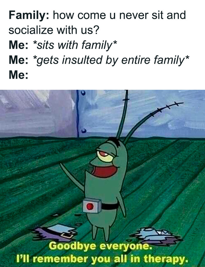 Cartoon character humorously signaling goodbye after family insults, illustrating funny and relatable memes about life as an introvert.