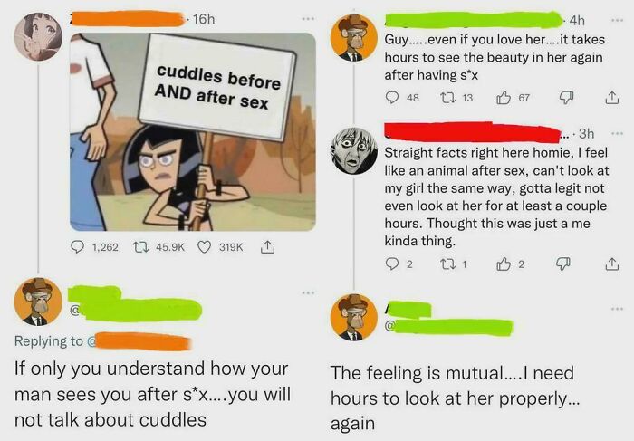 Cartoon character holds sign about cuddles, while comments reflect clueless misogynists getting swiftly shut down.