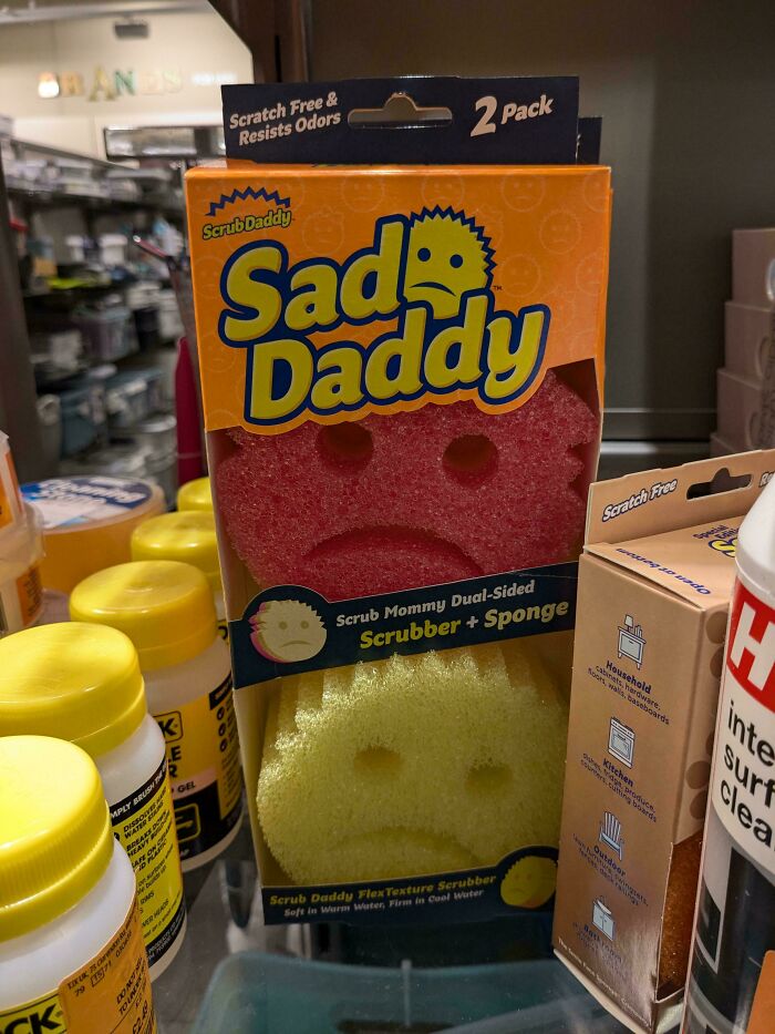 Mildly interesting “Sad Daddy” sponge package in a store aisle.
