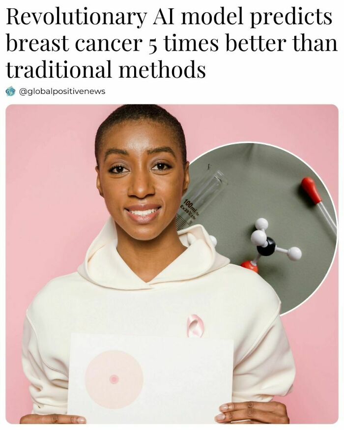 Person smiling with a breast cancer awareness ribbon, symbolizing global positive news and AI advancement in predictions.
