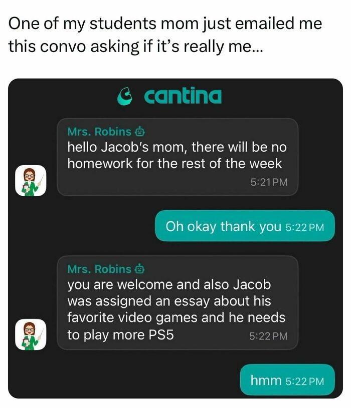 Text message exchange between a teacher and student’s mom from a funny and relatable college confessions meme post.