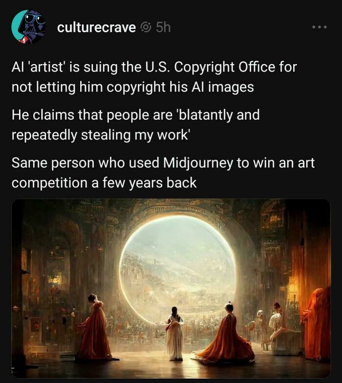 Screenshot of a tweet about an AI artist suing the U.S. Copyright Office, highlighting missing basic logic and common sense.