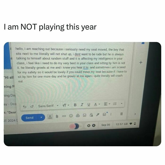 Funny meme with a message about needing a seat change request in college, displayed on a computer screen.