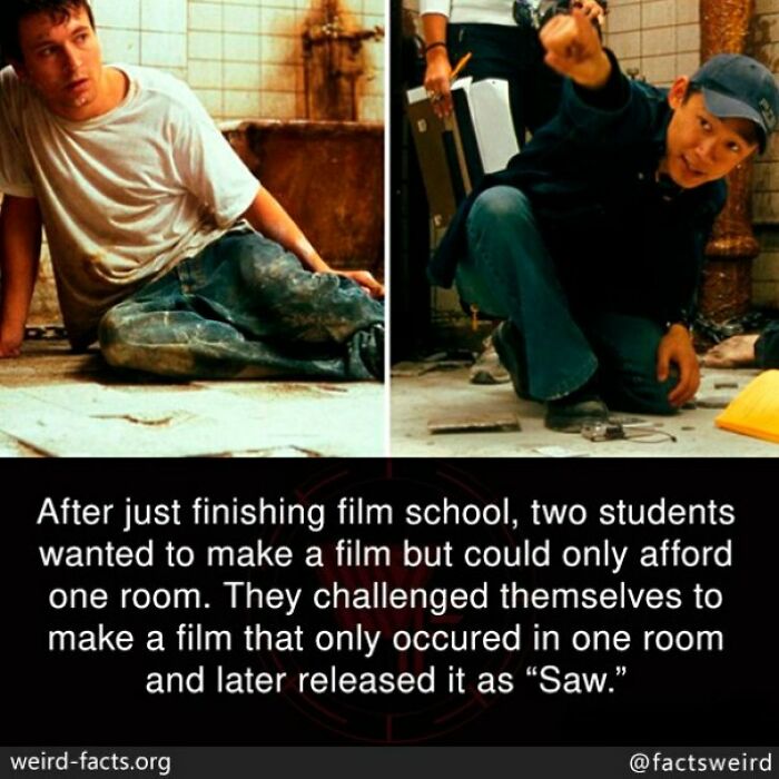 Two film students challenge themselves to create a movie in one room, leading to the film Saw, fun facts image.