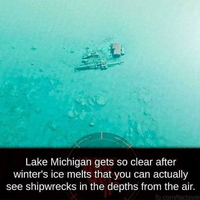 Clear water in Lake Michigan reveals eerie shipwrecks on the lakebed, showcasing creepy underwater scenes visible from the air.