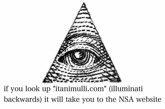 Drawing of an all-seeing eye inside a triangle with creepy text about a website leading to the NSA site.