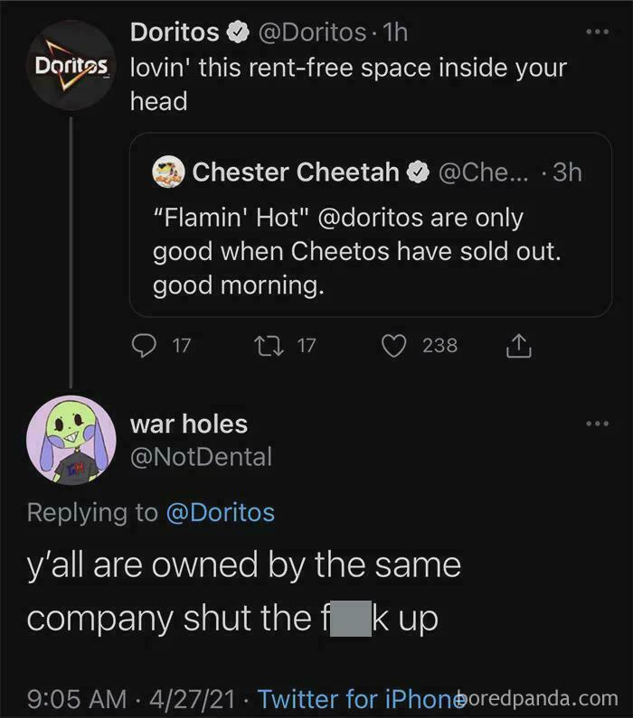 Twitter exchange showing Doritos responding to criticism with brand rivalry
