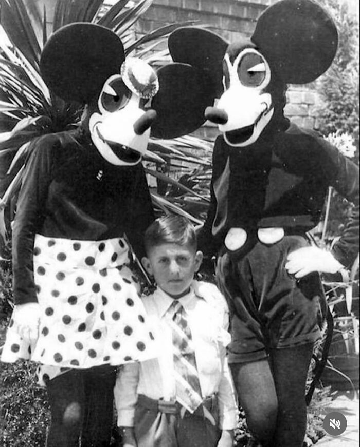 A boy with two creepy Mickey Mouse characters. These images show the hair of kids I babysit.