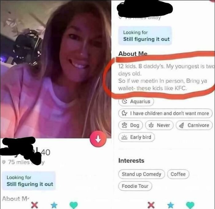 Woman smiling in a dating profile with a facepalm moment about having 12 kids and bringing wallet for KFC.