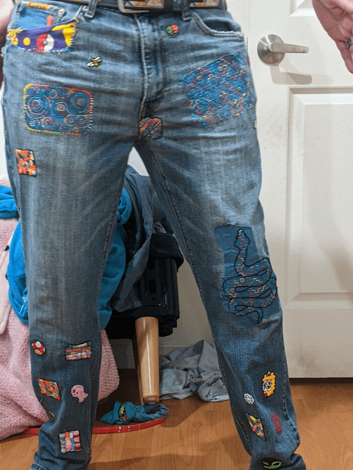Finally Finished Visibly Mending My Husband's Jeans. He Had Blown Out Both Pockets And The Knee