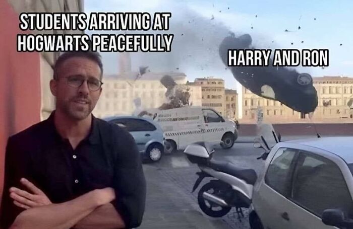 Funny Harry Potter meme showing chaos with a car flying in the background, labeled "Harry and Ron."