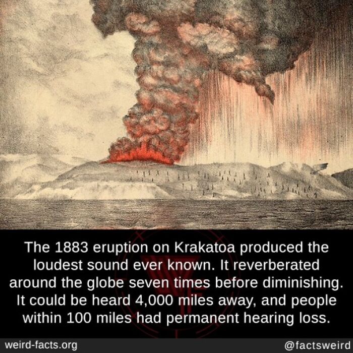 Vintage illustration of the 1883 Krakatoa eruption, one of the loudest sounds ever recorded in fun facts.