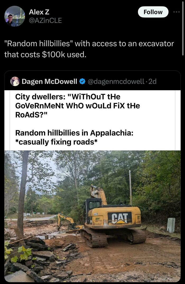 Excavator at a rural road repair site highlighting facepalm moments showing lack of basic logic and common sense.