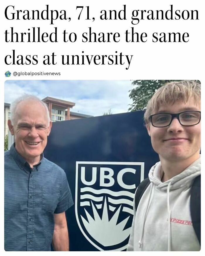 Grandfather and grandson smile together at UBC, celebrating sharing a university class, symbolizing restored faith in humanity.