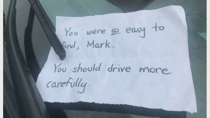 A creepy note on a windshield reading "You were so easy to find, Mark. You should drive more carefully," highlighting creepy images.