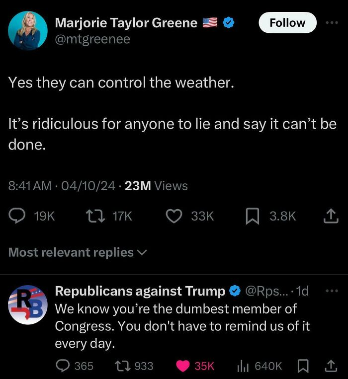 Tweet claiming weather control with 23M views, followed by a critical reply showing facepalm moments and lack of basic logic.