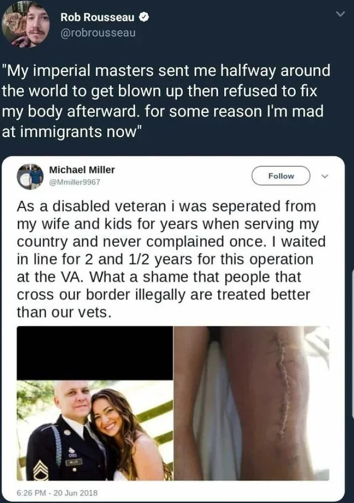 Tweet about a disabled veteran's long wait for surgery, highlighting common sense and basic logic facepalm moments.