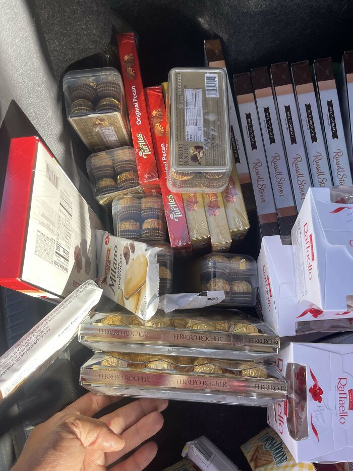 Boxes of assorted chocolates and cookies found while dumpster diving.