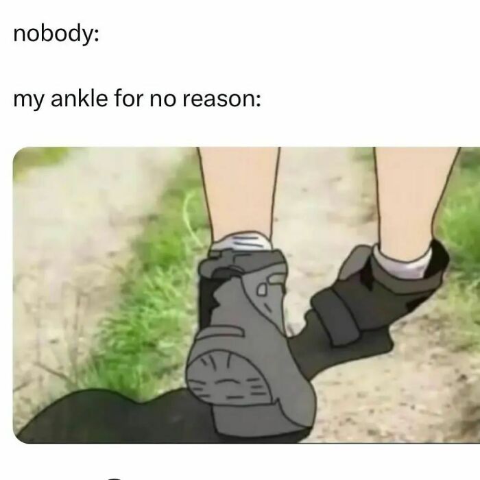 Ankle twisting awkwardly on a trail, relatable moment from hilarious memes to brighten your day.