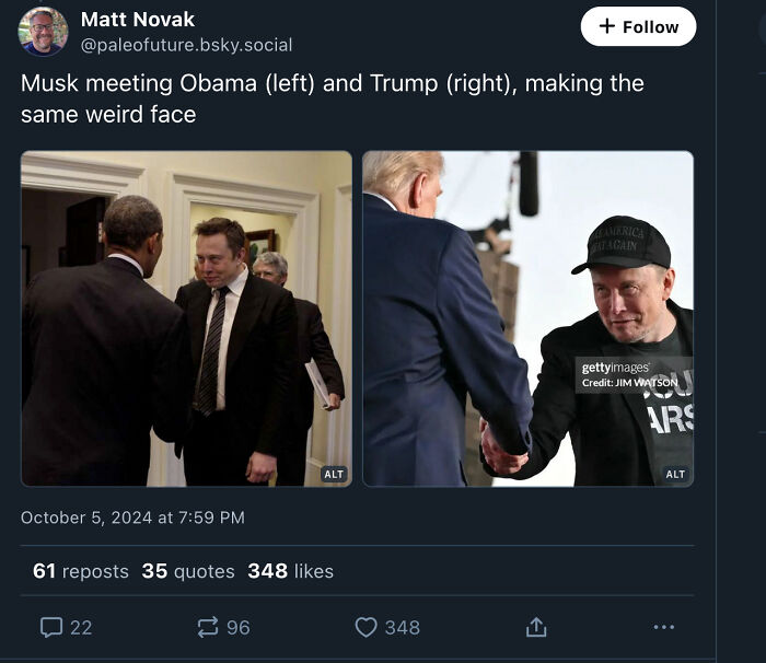Two side-by-side images of Elon Musk meeting Obama and Trump, both making awkward facepalm moments showing absent common sense.