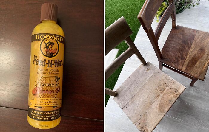 Wood polish and conditioner with a wooden chair ready for DIY home project.