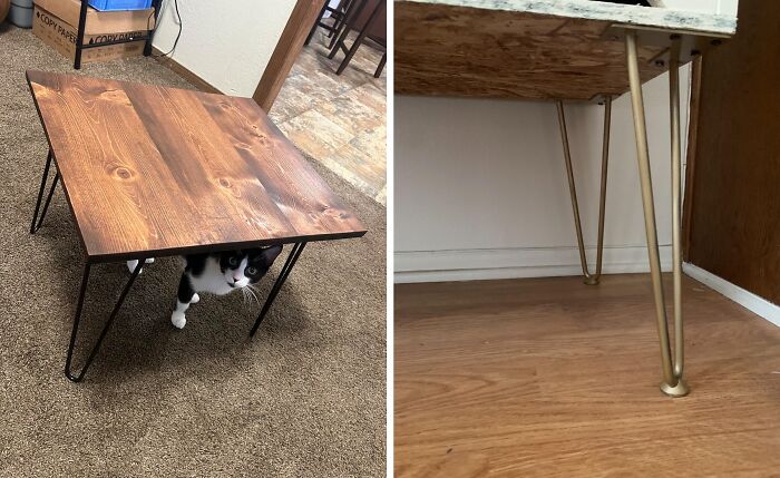 DIY home project with wooden tables and metal legs on display.