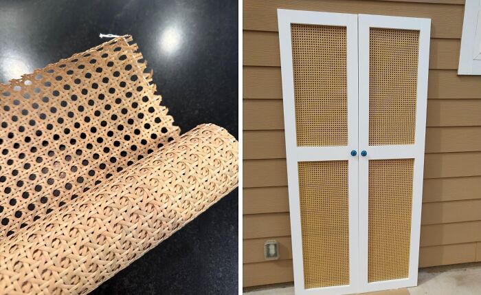 DIY home project featuring woven cane material and a completed cabinet door with cane inserts.