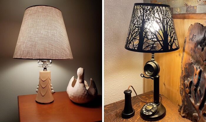 DIY home projects: Two creative lamp designs on wooden surfaces add a cozy touch to the decor.