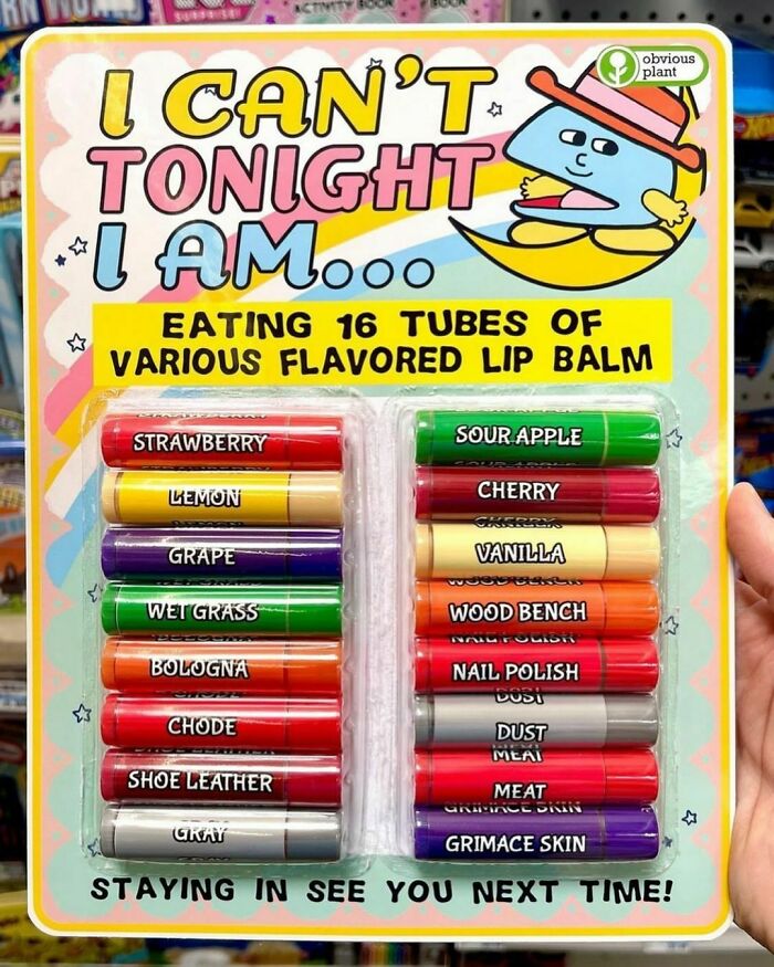 Package of 16 humorous fake flavored lip balms including unusual scents, part of fake products sneaked into real stores.
