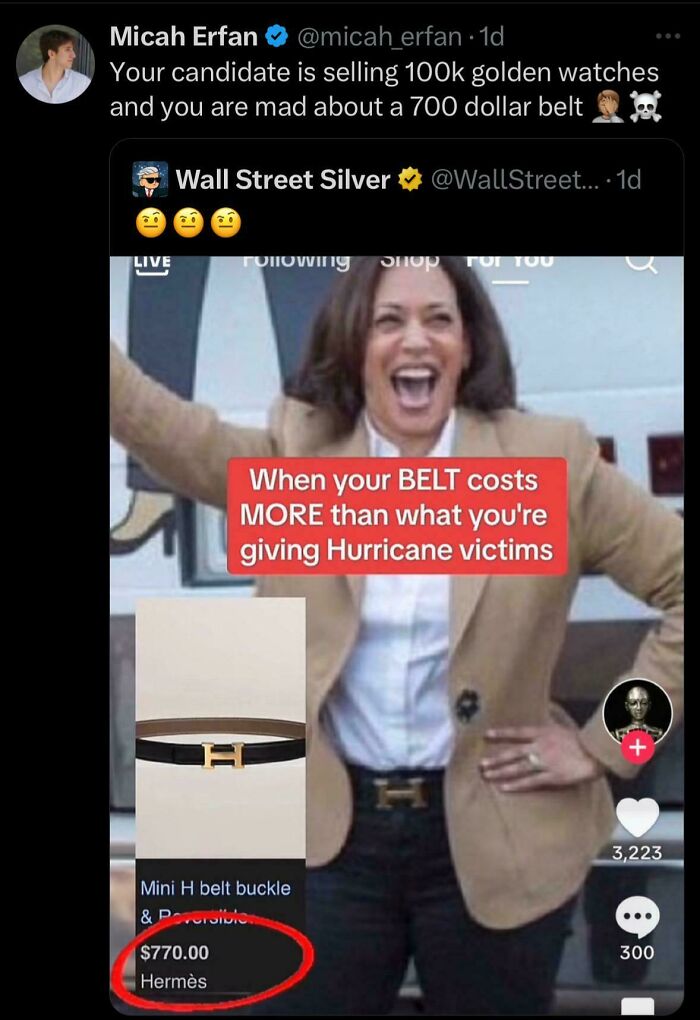 Woman laughing with text about a $770 belt costing more than hurricane victim donations showing facepalm moments.