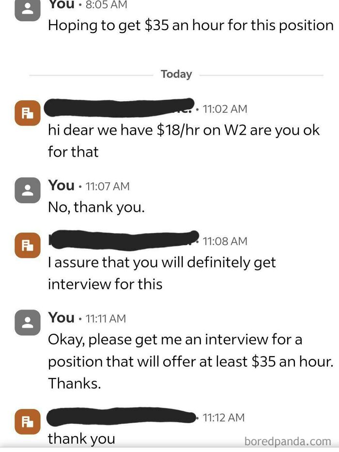 Text conversation showing a job negotiation, highlighting a lower wage offer in "Recruiting Hell" scenario.