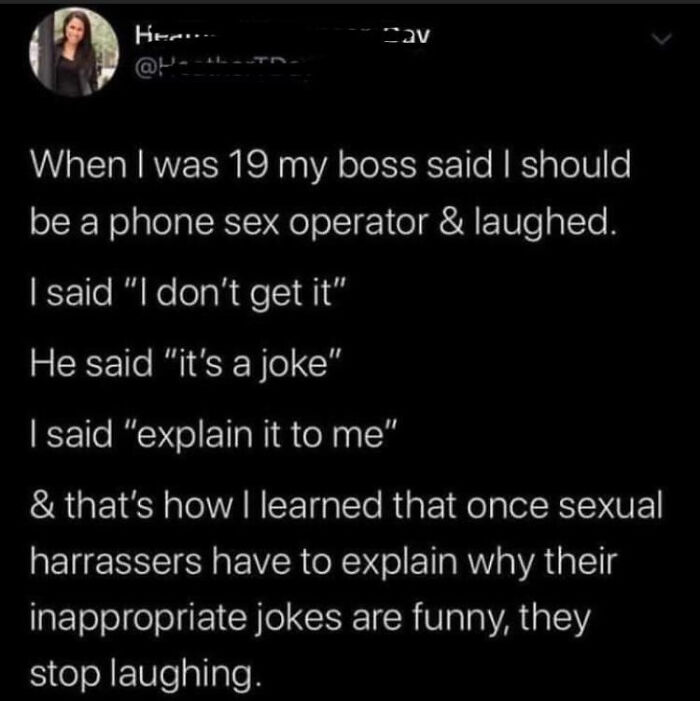 Text post criticizing workplace sexism, highlighting inappropriate jokes and their explanations.