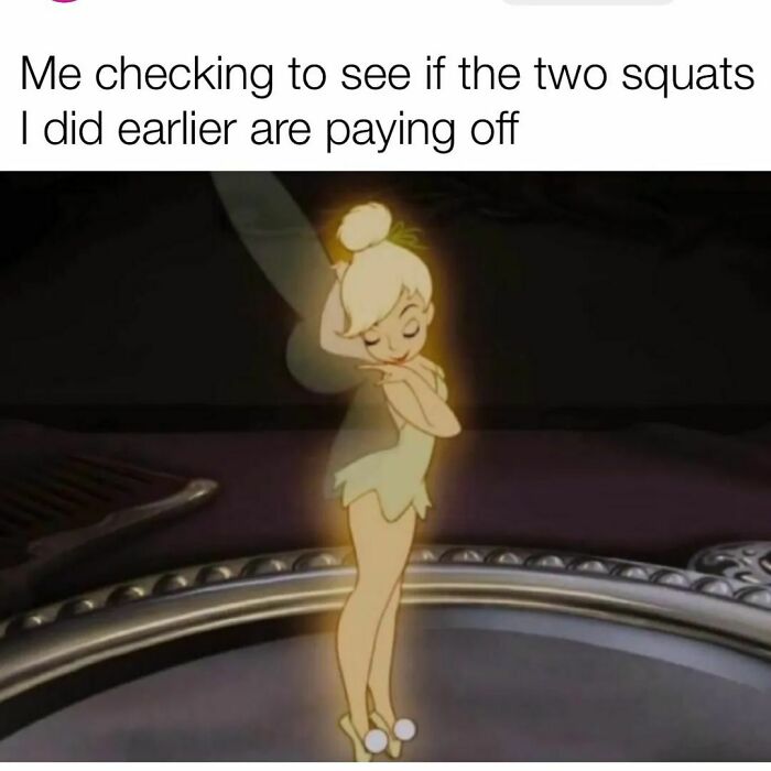 Animated fairy character standing on tiptoes looking at herself, humorous meme about checking fitness results and hilarious memes.