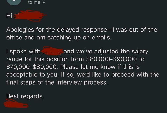 Email screenshot showing a salary range decrease during the interview process; related to recruiting hell stories.