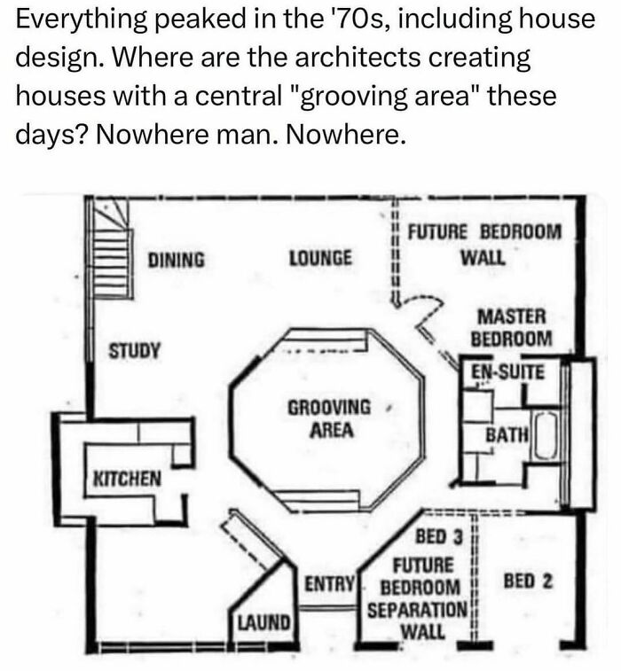 70s house floor plan with a central "grooving area," highlighting retro architectural weirdness.