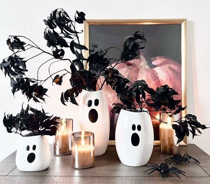 These Little Ghosties Are Super Cute And Super Easy To Make. Just Add Circles To White Vases And Poof. Instant Ghosts