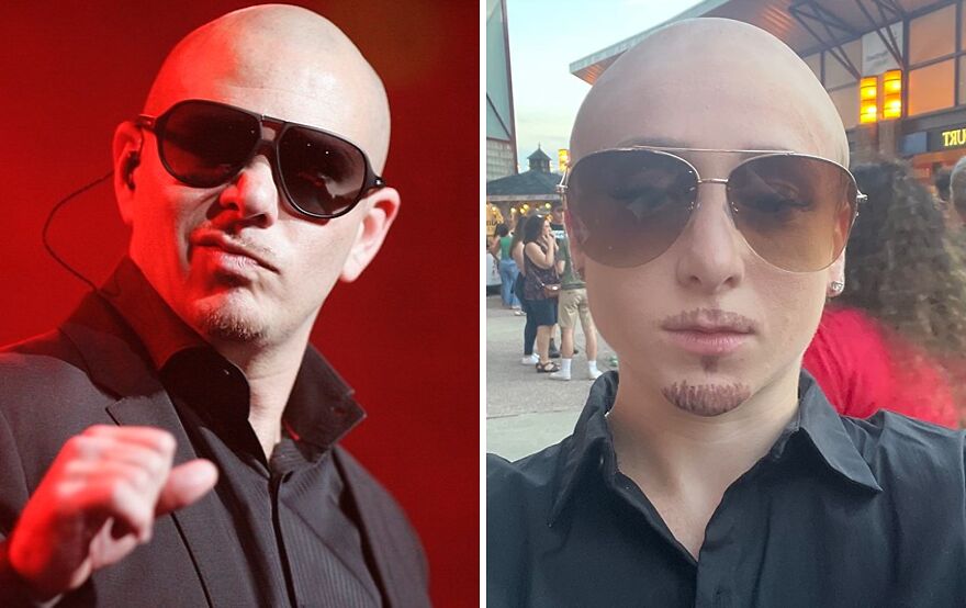 Side-by-side comparison of Pitbull and a woman in a low-effort Halloween costume dressed as him