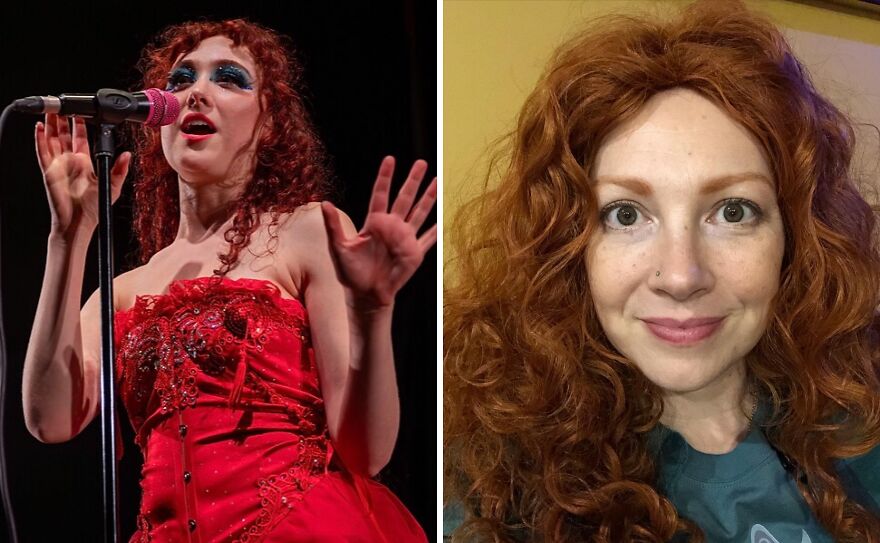 Side-by-side comparison of Chappell Roan and a woman recreating her look as a low-effort Halloween costume.